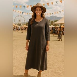 Old Navy Ribbed Charcoal Long Sleeve Midi Dress Loungecore Spring Easter Boho M